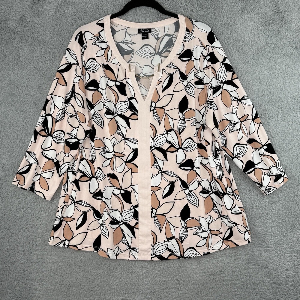 Simply Emma Women's Floral Blouse Light 3/4 Sleeve V Neck Top Sz 1X XL Tropical